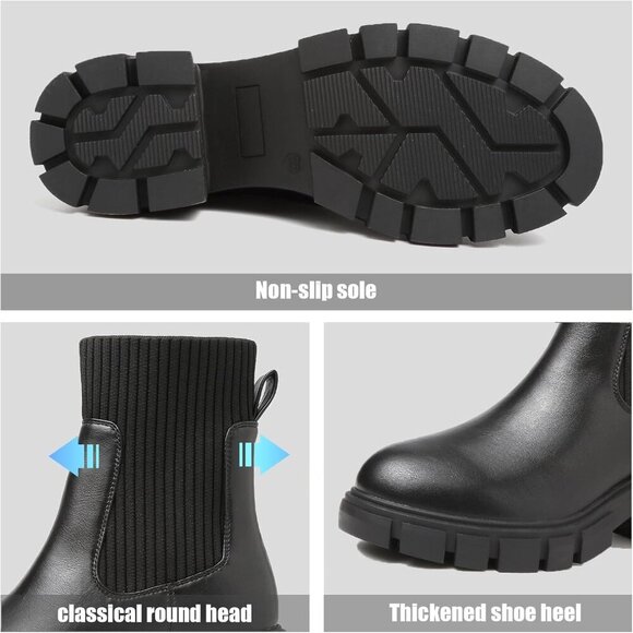 BKWHDAY Women's Black Chelsea Platform Ankle Boots Fashion Chunky Heel - Picture 3 of 7